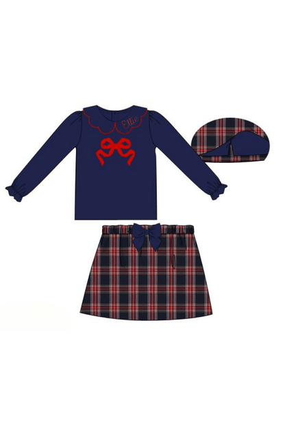 The Smocked Flamingo Apparel & Accessories Christmas Navy Tartan Plaid Applique Bow Skort Set