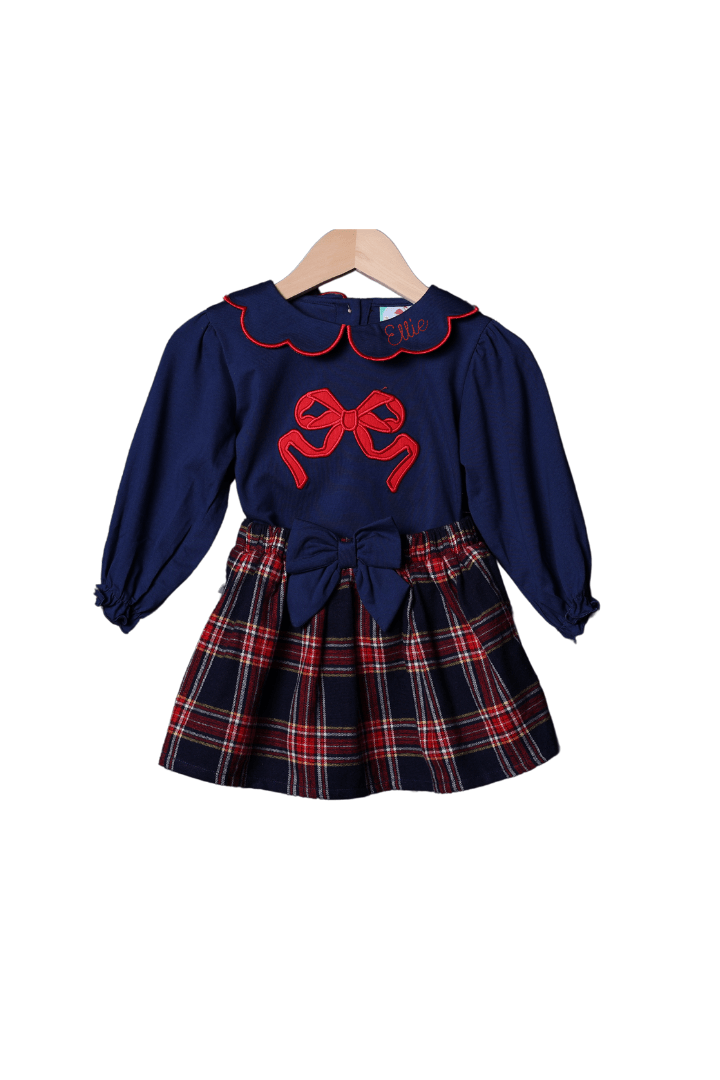 The Smocked Flamingo Apparel & Accessories Christmas Navy Tartan Plaid Applique Bow Skort Set