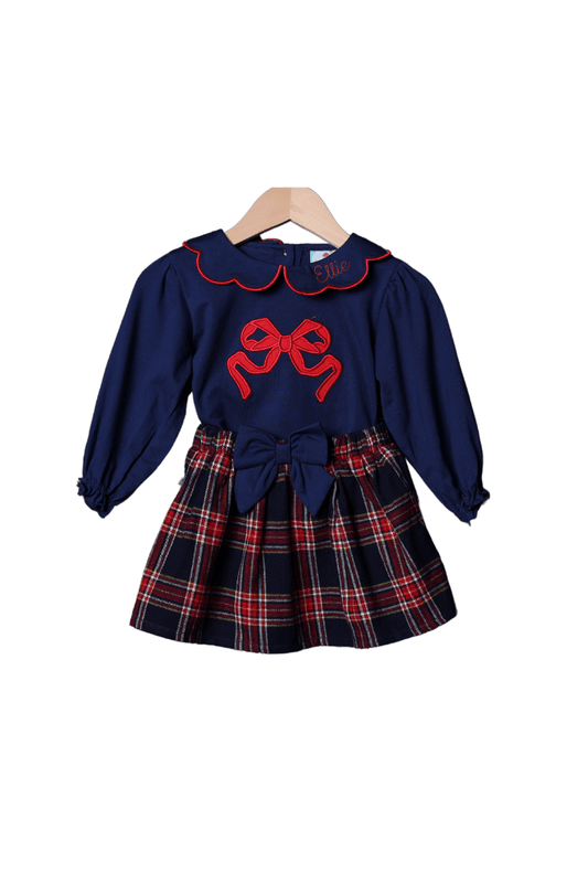 The Smocked Flamingo Apparel & Accessories Christmas Navy Tartan Plaid Applique Bow Skort Set