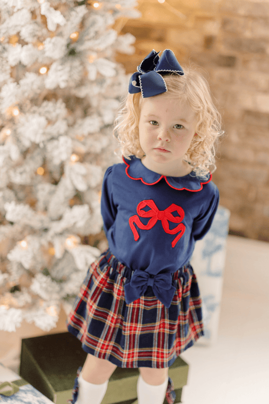 The Smocked Flamingo Apparel & Accessories Christmas Navy Tartan Plaid Applique Bow Skort Set