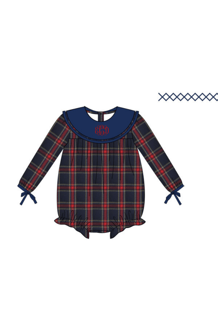 The Smocked Flamingo Apparel & Accessories Christmas Navy Tartan Plaid Bow Bubble