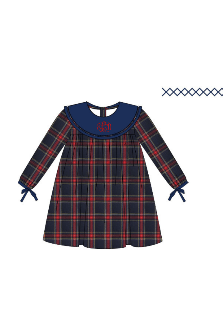 The Smocked Flamingo Apparel & Accessories Christmas Navy Tartan Plaid Bow Dress