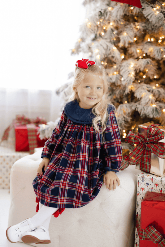 The Smocked Flamingo Apparel & Accessories Christmas Navy Tartan Plaid Bow Dress