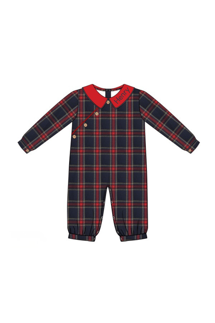 The Smocked Flamingo Apparel & Accessories Christmas Navy Tartan Plaid Button Romper