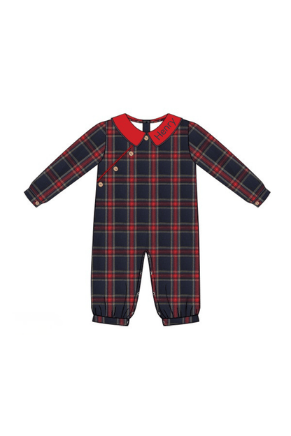 The Smocked Flamingo Apparel & Accessories Christmas Navy Tartan Plaid Button Romper