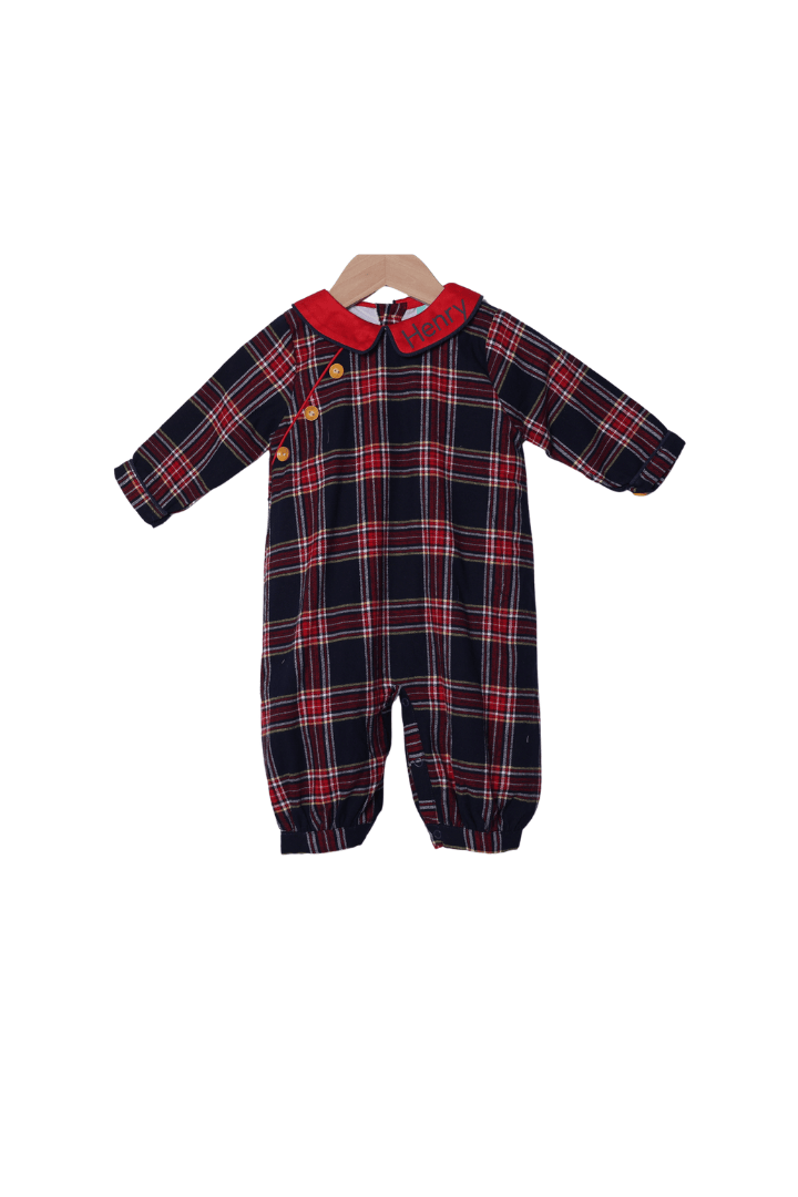 The Smocked Flamingo Apparel & Accessories Christmas Navy Tartan Plaid Button Romper