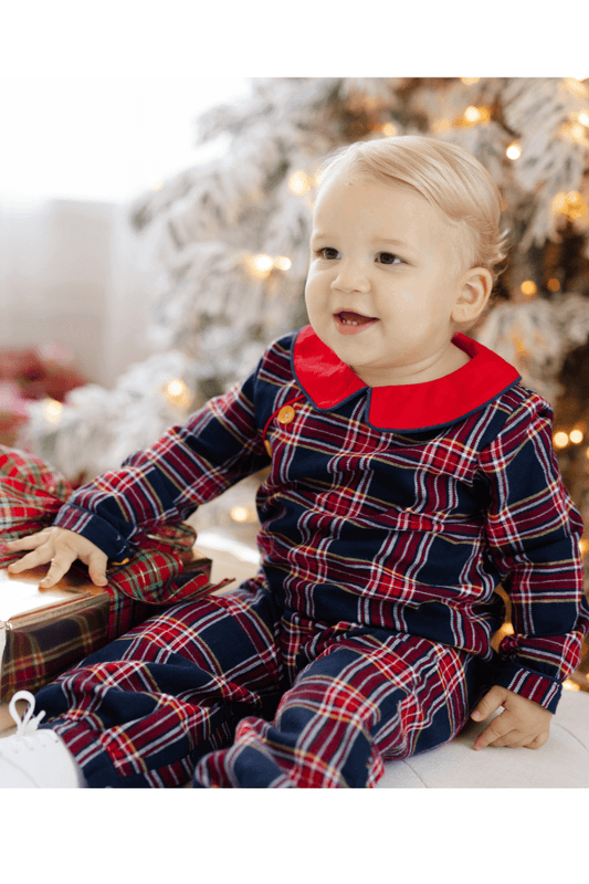 The Smocked Flamingo Apparel & Accessories Christmas Navy Tartan Plaid Button Romper