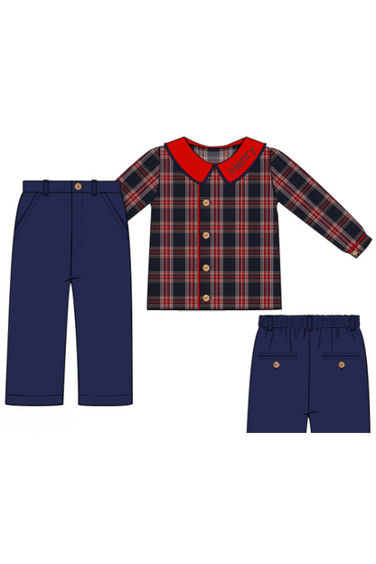The Smocked Flamingo Apparel & Accessories Christmas Navy Tartan Plaid Navy Corduroy Pant Set