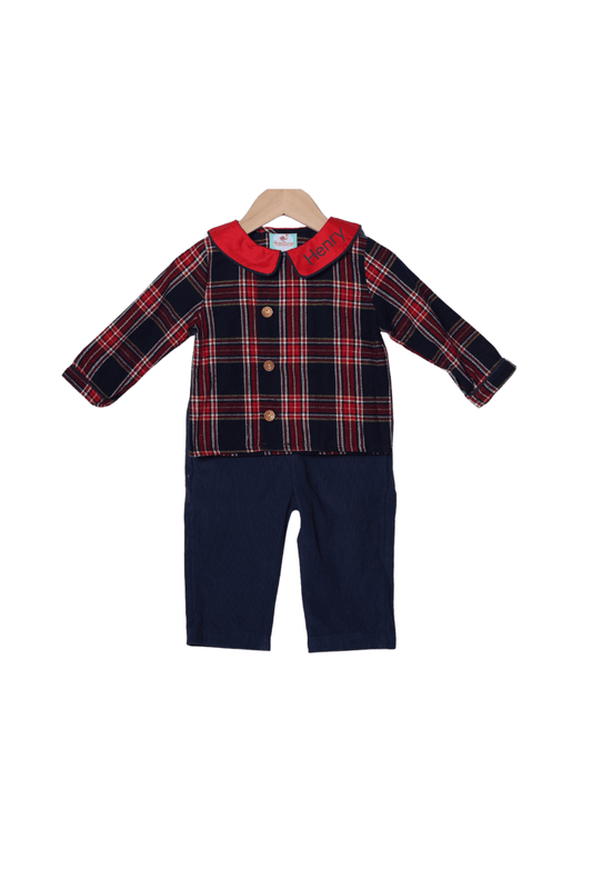 The Smocked Flamingo Apparel & Accessories Christmas Navy Tartan Plaid Navy Corduroy Pant Set