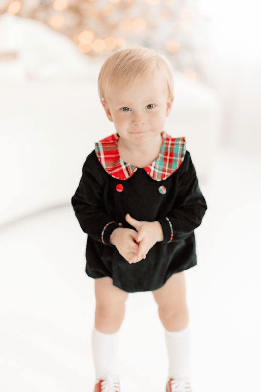 The Smocked Flamingo Apparel & Accessories Christmas Plaid Black Corduroy Bubble