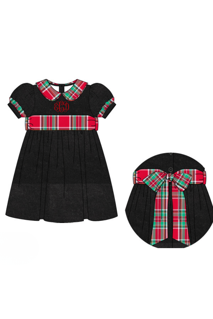 The Smocked Flamingo Apparel & Accessories Christmas Plaid Corduroy Bow Dress