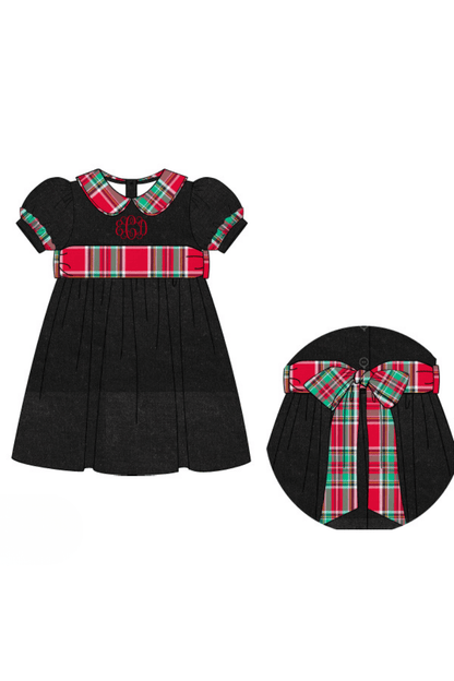 The Smocked Flamingo Apparel & Accessories Christmas Plaid Corduroy Bow Dress