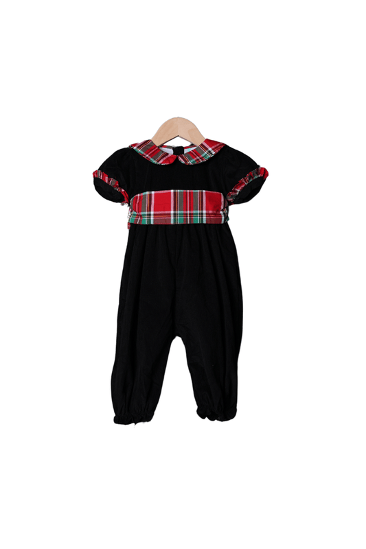 The Smocked Flamingo Apparel & Accessories Christmas Plaid Corduroy Bow Romper