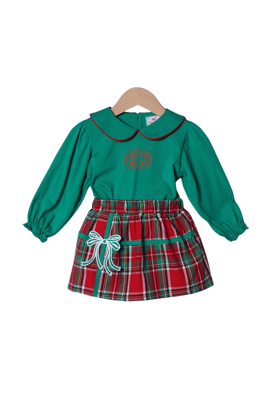 The Smocked Flamingo Apparel & Accessories Christmas Present Plaid Bow Skort Set