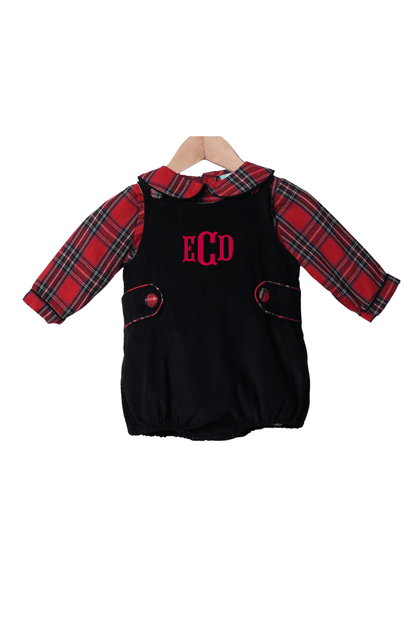 The Smocked Flamingo Apparel & Accessories Christmas Red Tartan Plaid Black Corduroy 2pc Bubble