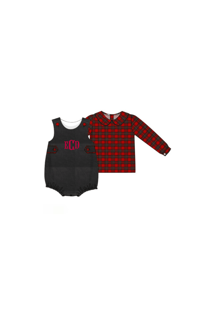 The Smocked Flamingo Apparel & Accessories Christmas Red Tartan Plaid Black Corduroy 2pc Bubble