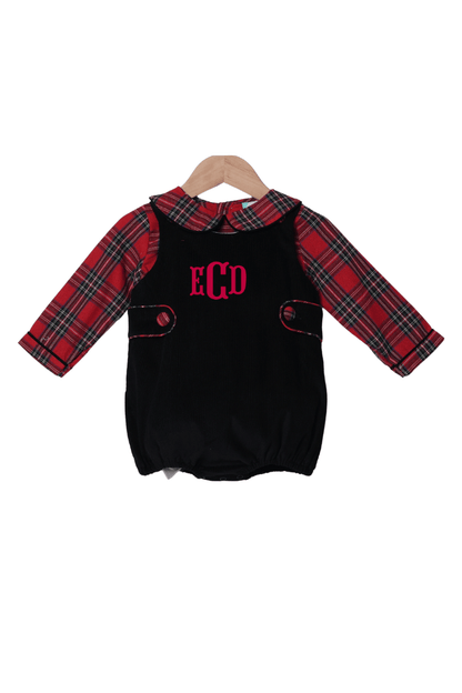 The Smocked Flamingo Apparel & Accessories Christmas Red Tartan Plaid Black Corduroy 2pc Bubble