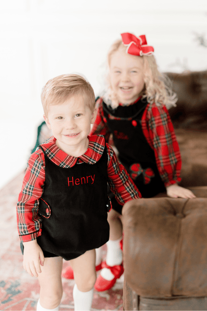 The Smocked Flamingo Apparel & Accessories Christmas Red Tartan Plaid Black Corduroy 2pc Bubble