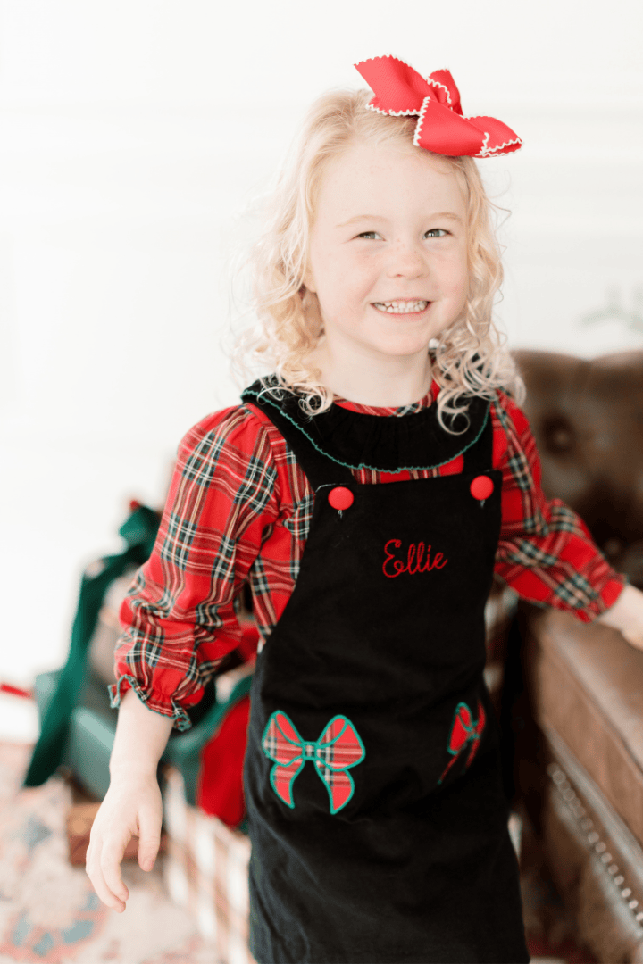 The Smocked Flamingo Apparel & Accessories Christmas Red Tartan Plaid Bow Black Corduroy 2pcs Dress