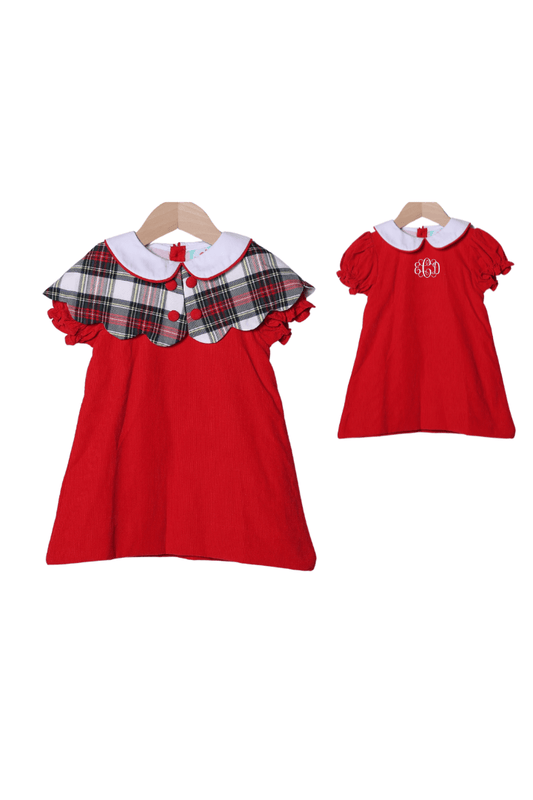The Smocked Flamingo Apparel & Accessories Christmas Red Tartan Plaid Cape Red Corduroy Dress