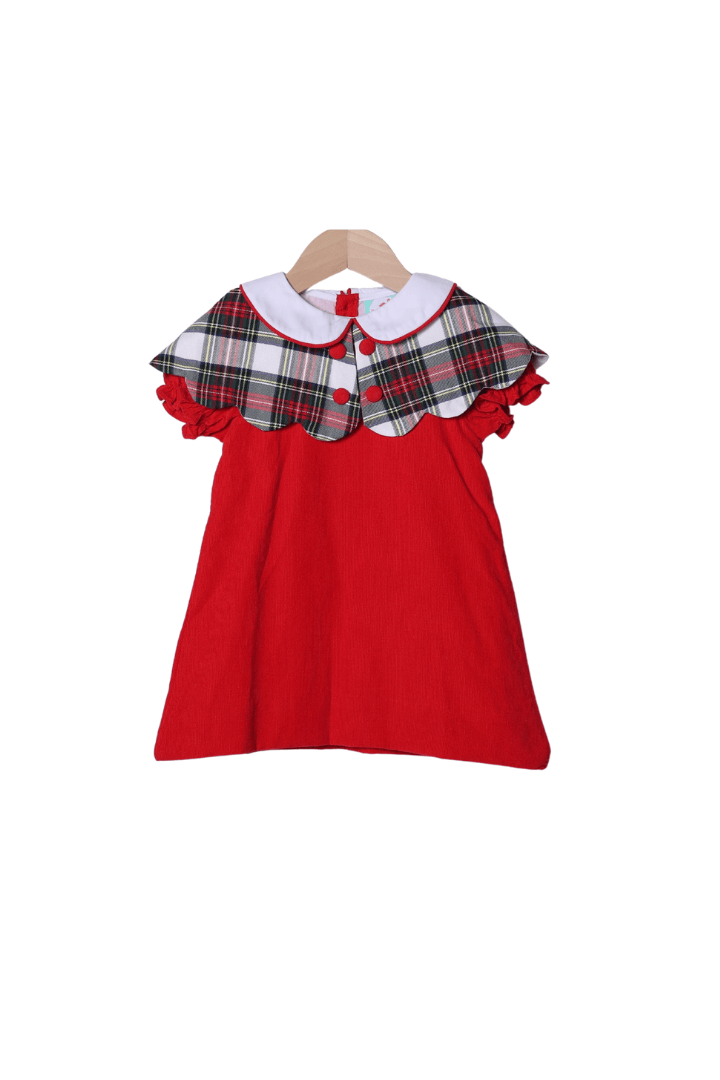 The Smocked Flamingo Apparel & Accessories Christmas Red Tartan Plaid Cape Red Corduroy Dress