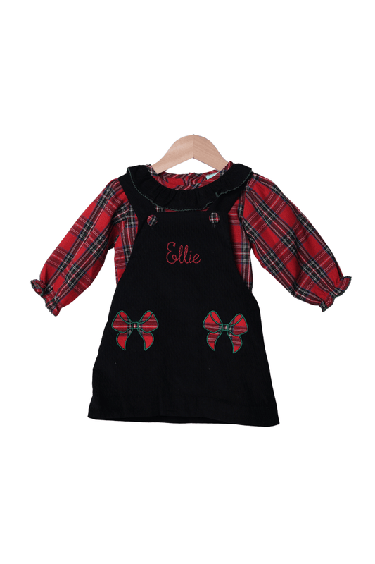 The Smocked Flamingo Apparel & Accessories Christmas Tartan Plaid Bow Black Corduory 2pcs. Dress