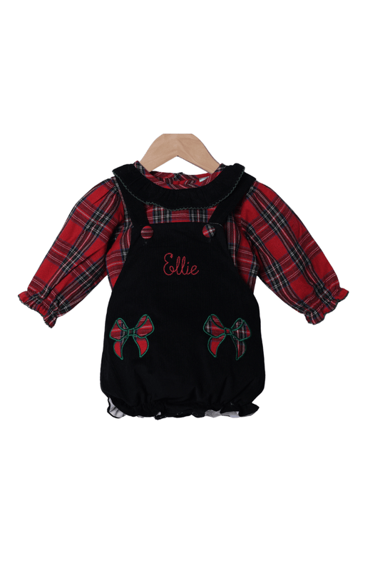 The Smocked Flamingo Apparel & Accessories Christmas Tartan Plaid Bow Black Corduroy 2pcs. Bubble