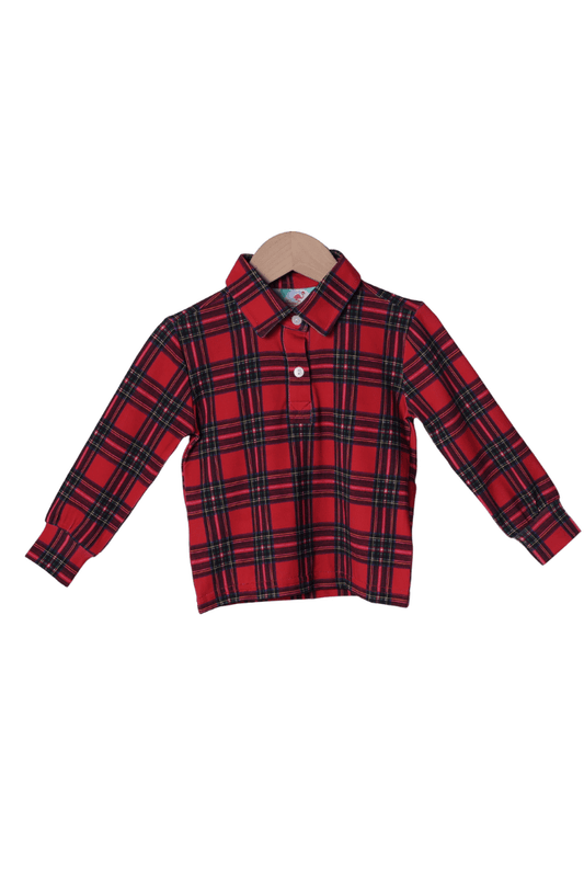 The Smocked Flamingo Apparel & Accessories Christmas Tartan Plaid Button Polo Shirt