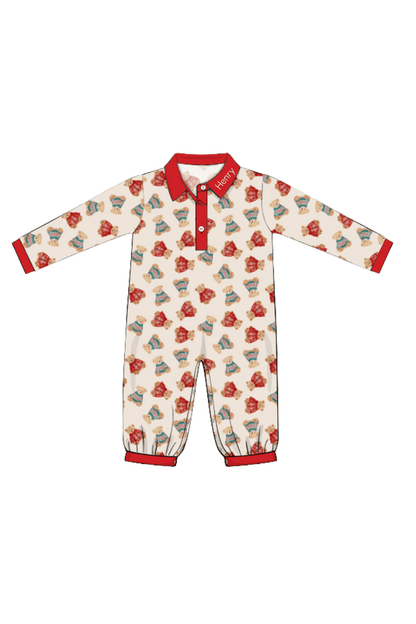 The Smocked Flamingo Apparel & Accessories Christmas Teddy Bear Polo Romper