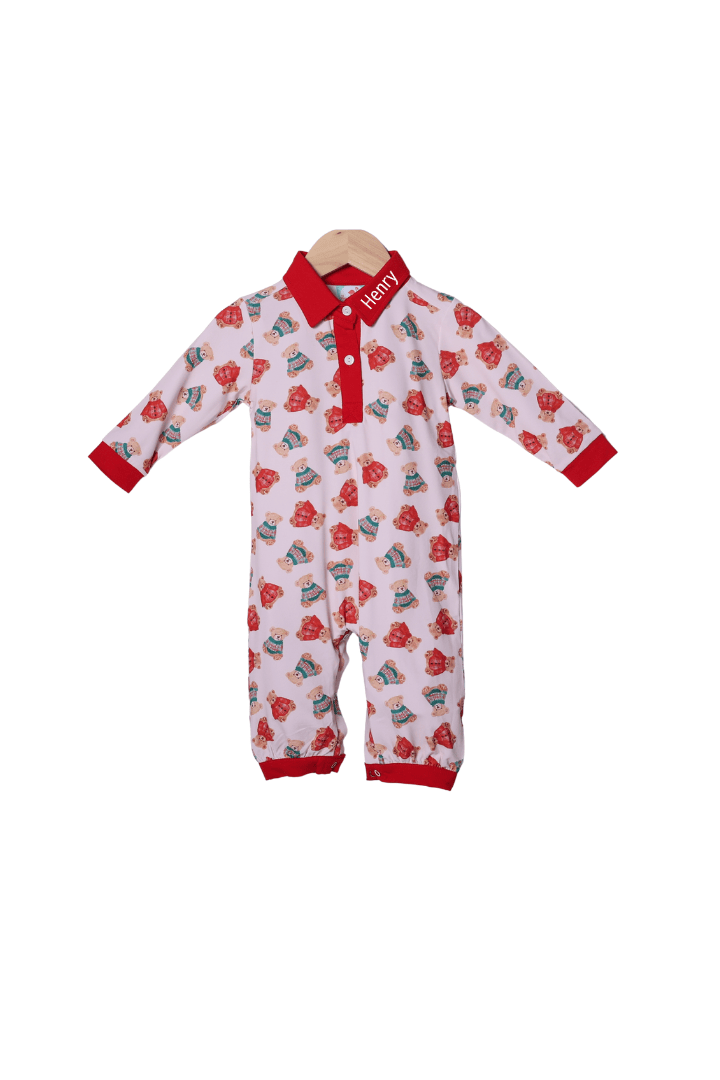 The Smocked Flamingo Apparel & Accessories Christmas Teddy Bear Polo Romper