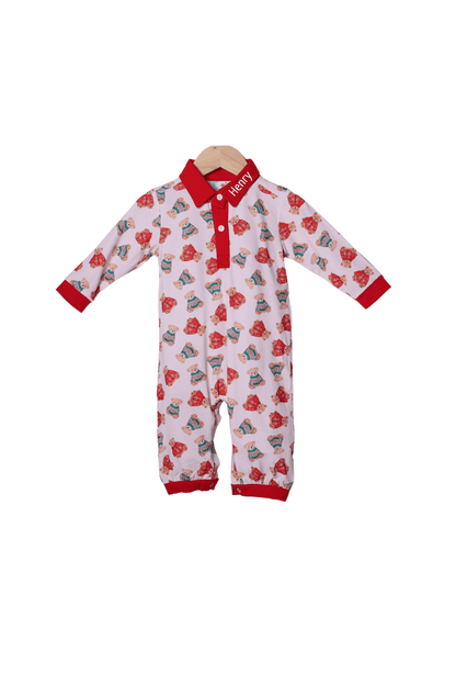 The Smocked Flamingo Apparel & Accessories Christmas Teddy Bear Polo Romper