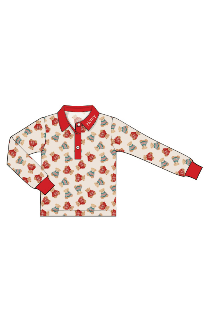 The Smocked Flamingo Apparel & Accessories Christmas Teddy Bear Polo Shirt