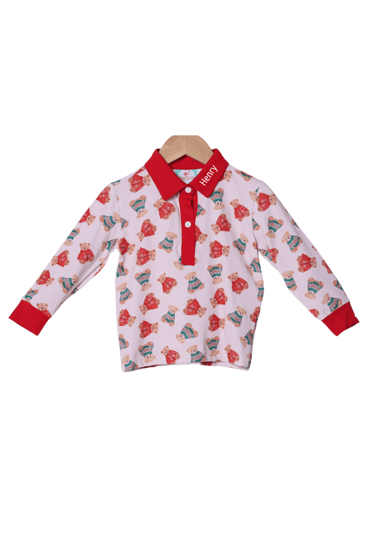 The Smocked Flamingo Apparel & Accessories Christmas Teddy Bear Polo Shirt