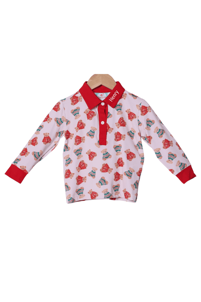 The Smocked Flamingo Apparel & Accessories Christmas Teddy Bear Polo Shirt