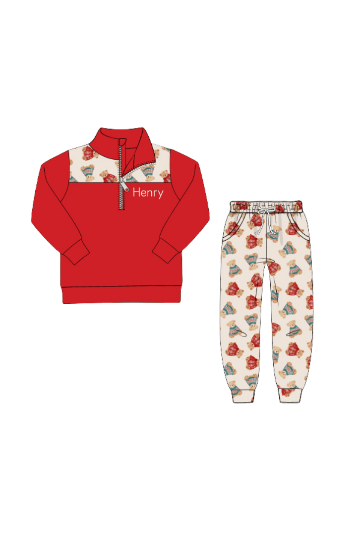 The Smocked Flamingo Apparel & Accessories Christmas Teddy Bear Pullover Jogger Set