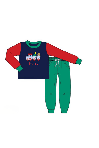 The Smocked Flamingo Apparel & Accessories Christmas Train Express Applique Knit Color Block Jogger Set