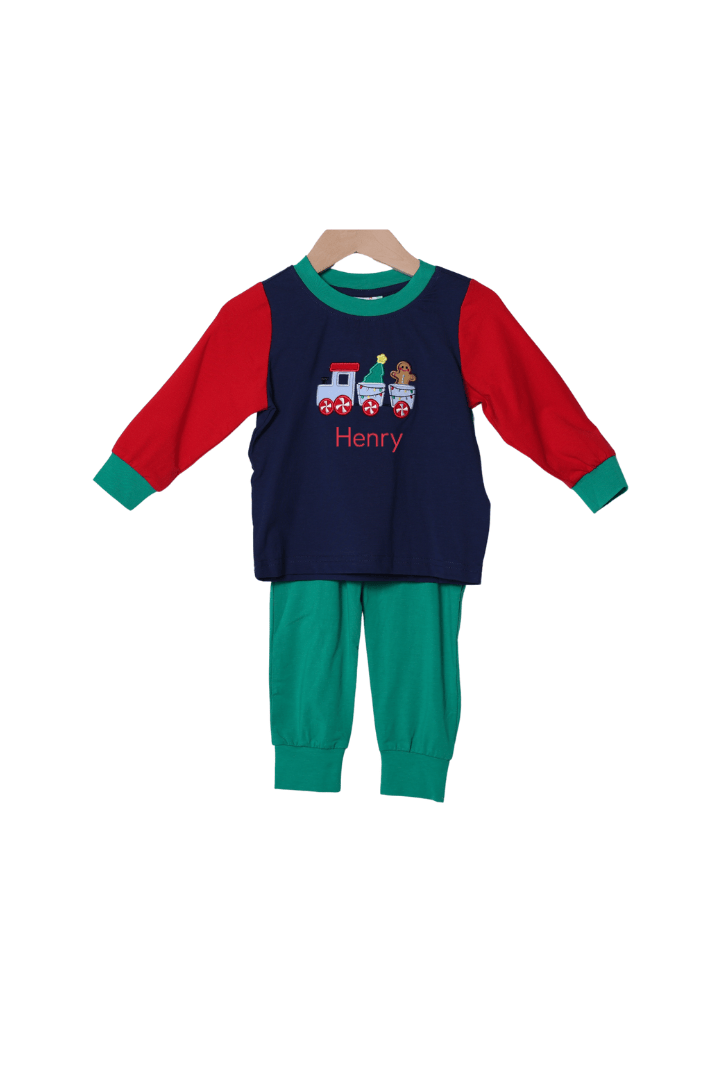 The Smocked Flamingo Apparel & Accessories Christmas Train Express Applique Knit Color Block Jogger Set