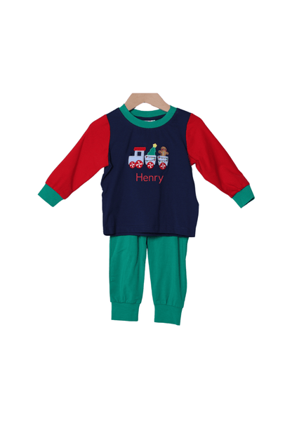 The Smocked Flamingo Apparel & Accessories Christmas Train Express Applique Knit Color Block Jogger Set
