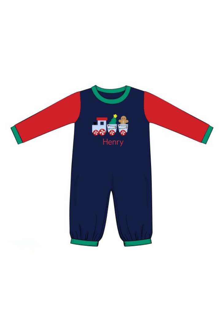 The Smocked Flamingo Apparel & Accessories Christmas Train Express Applique Knit Color Block Romper