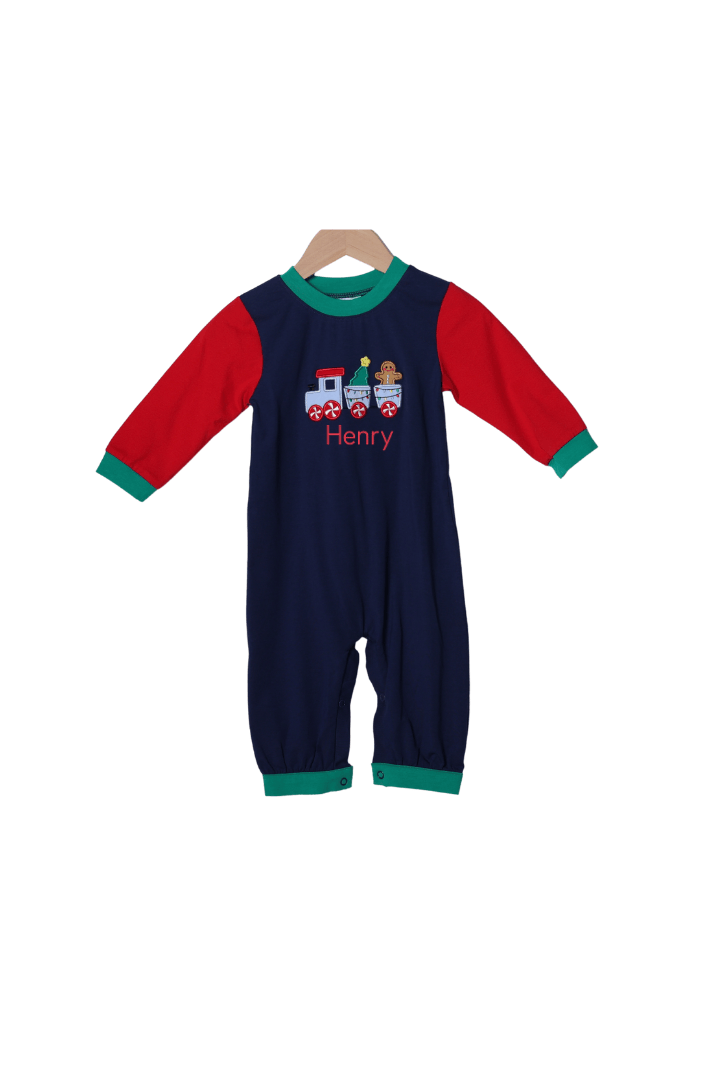 The Smocked Flamingo Apparel & Accessories Christmas Train Express Applique Knit Color Block Romper
