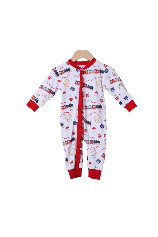 The Smocked Flamingo Apparel & Accessories Christmas Train Zippy Ruffle Romper