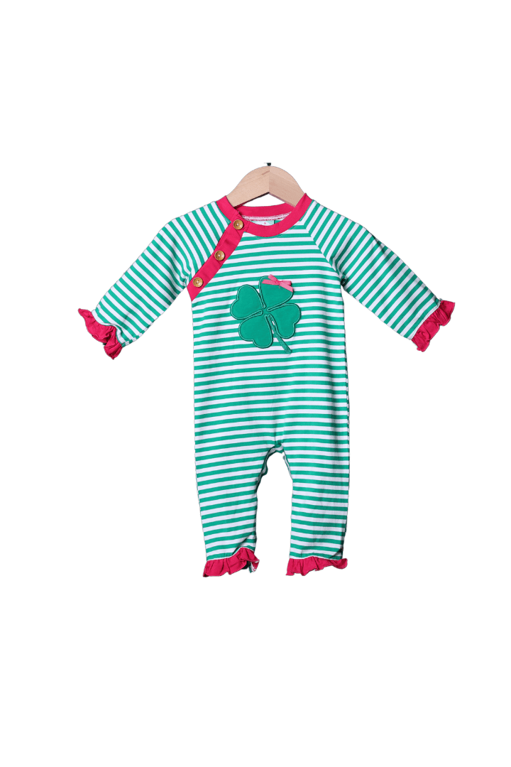 The Smocked Flamingo Apparel & Accessories Clover Applique Green Stripe Romper