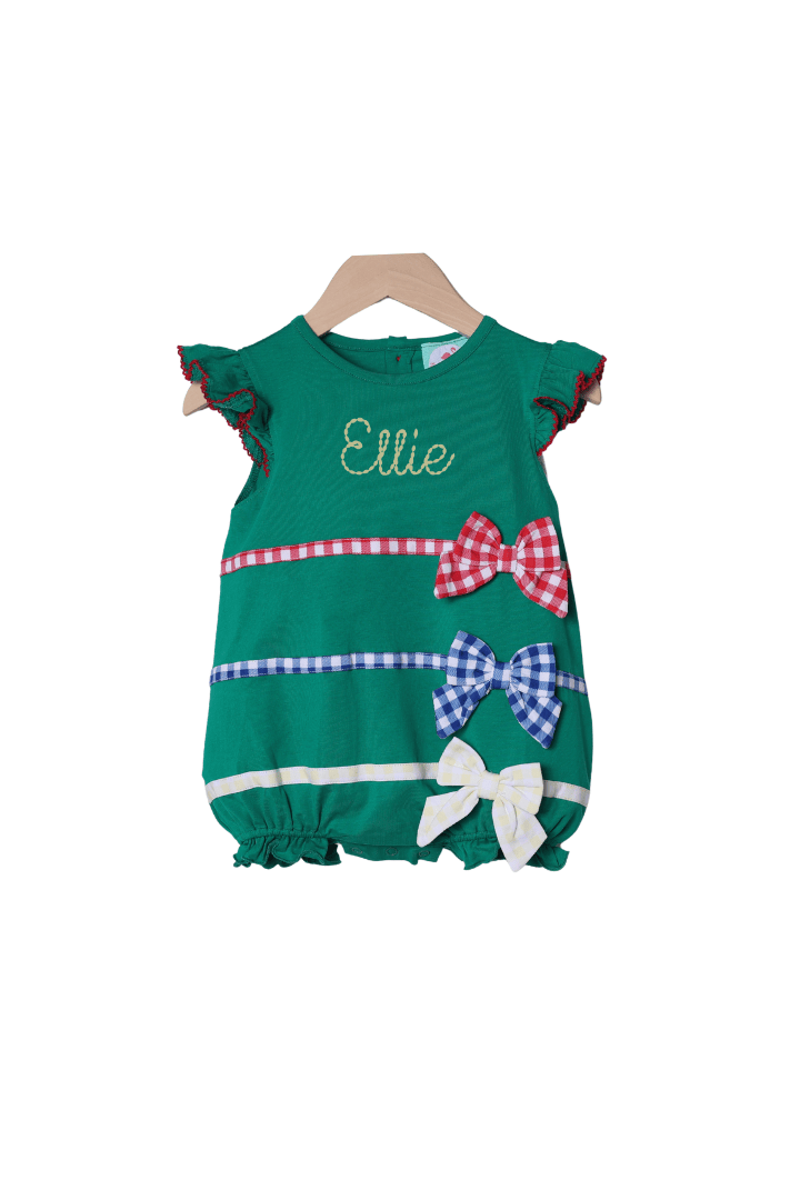 The Smocked Flamingo Apparel & Accessories Color Block Gingham Bow Green Knit Bubble