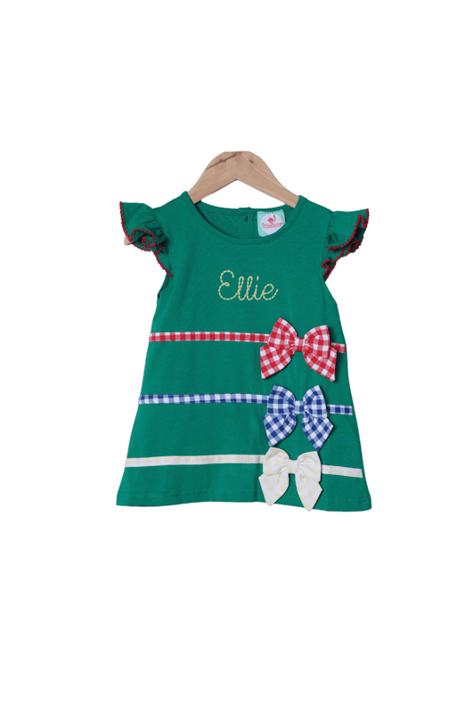 The Smocked Flamingo Apparel & Accessories Color Block Gingham Bow Green Knit Dress