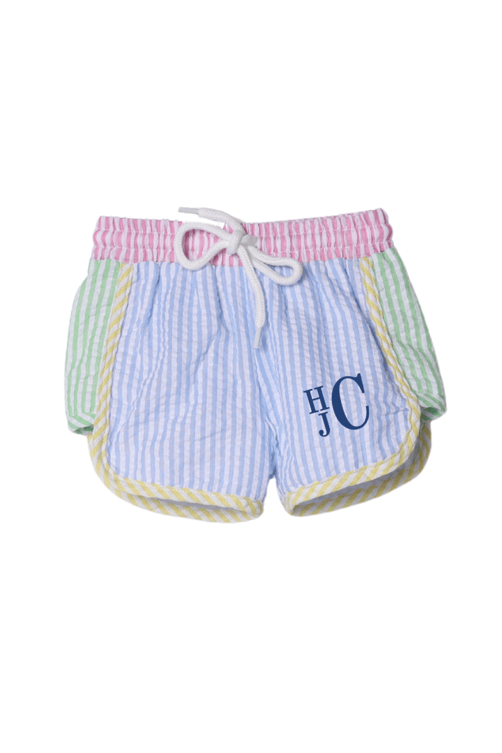 The Smocked Flamingo Apparel & Accessories Color Block Seersucker Swim Trunks