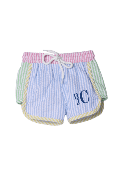 The Smocked Flamingo Apparel & Accessories Color Block Seersucker Swim Trunks