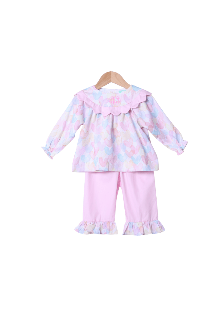 The Smocked Flamingo Apparel & Accessories Colorful Hearts Scalloped Pant Set
