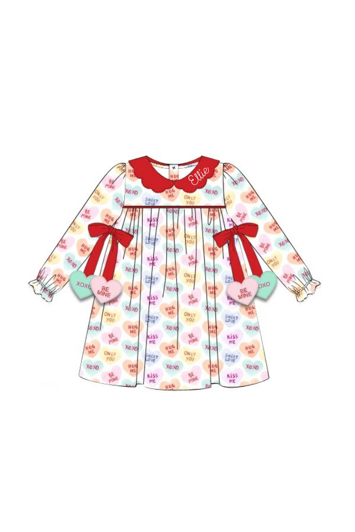 The Smocked Flamingo Apparel & Accessories Conversation Hearts Tie Scalloped Collar Dress