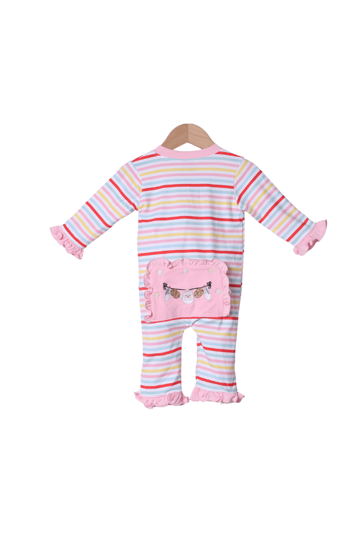 The Smocked Flamingo Apparel & Accessories Cookie and Milk Multi Color Stripe Ruffle Zippy Pajamas