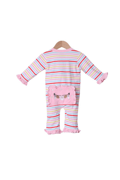 The Smocked Flamingo Apparel & Accessories Cookie and Milk Multi Color Stripe Ruffle Zippy Pajamas